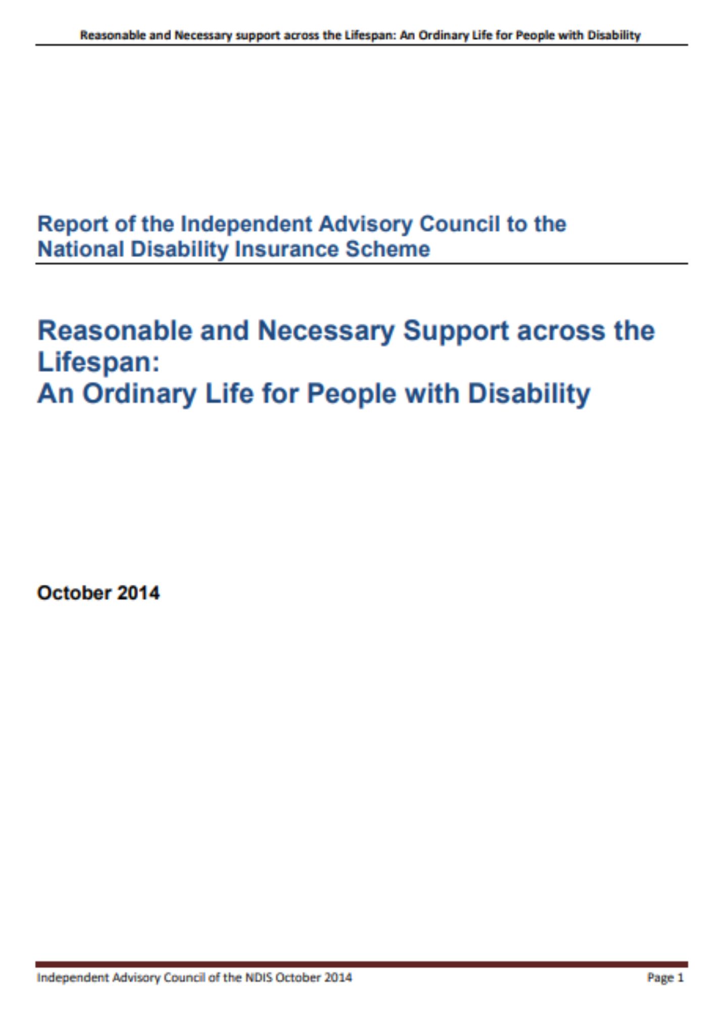 ICA report front page. Title - Reasonable and Necessary Support across the Lifespan: An Ordinary Life for People with Disabilty